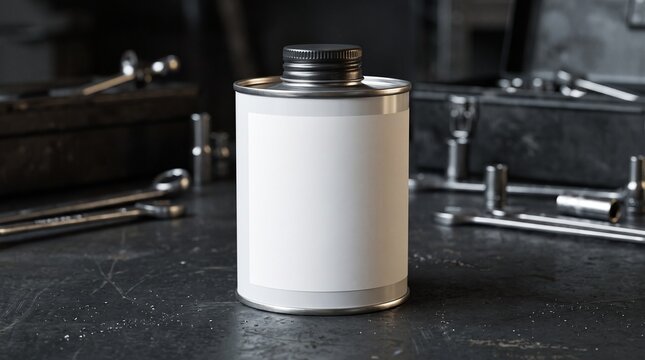 Blank Metal Oil Can Bottle Mockup on Dark Mechanic Workbench with Tools