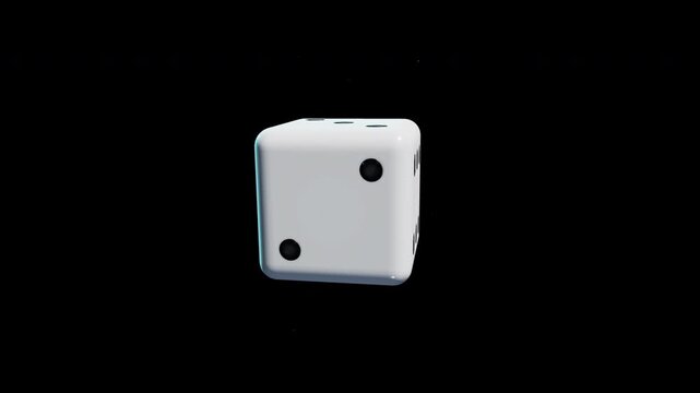 White dice tumbling on a solid black background