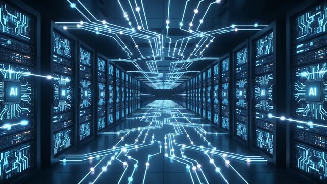 Futuristic AI Supercomputer Visualization - This video showcases a cutting-edge AI supercomputer environment, featuring rows of glowing processor modules.
