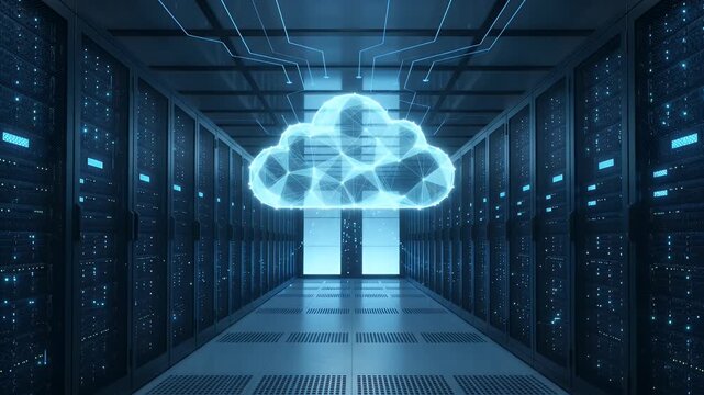 Futuristic Data Center with Cloud Computing Visualization - This video showcases a modern data center featuring server racks illuminated by glowing blue lights.