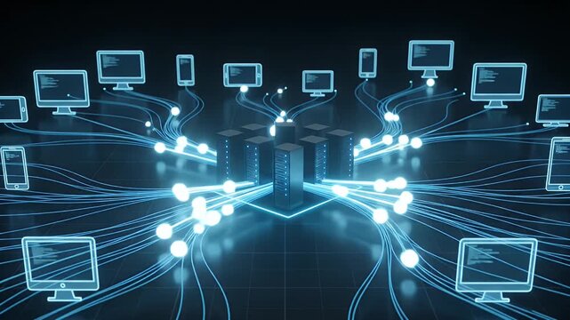 Cloud Gaming Infrastructure Concept - The video illustrates a cloud gaming infrastructure, featuring multiple server nodes at the center connected by glowing blue lines to various abstract display