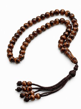 Brown Wooden Islamic Prayer Beads Tasbih Misbaha On White Background