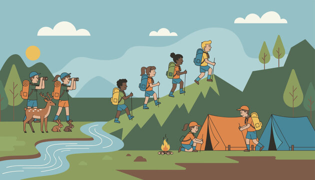 Children group in scout uniform hiking up mountain and setting up camping tents in nature.