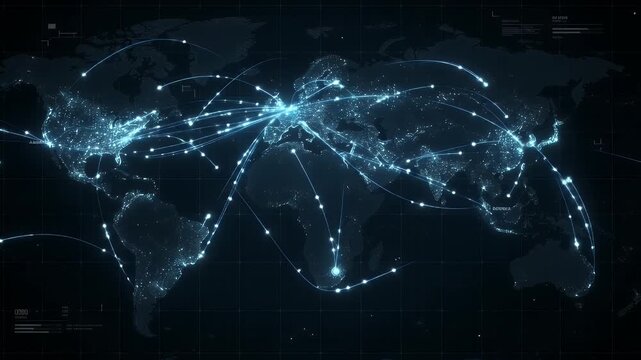 Digital Logistics Network Visualization - This video displays a stylized world map highlighting a digital logistics network with glowing connections.