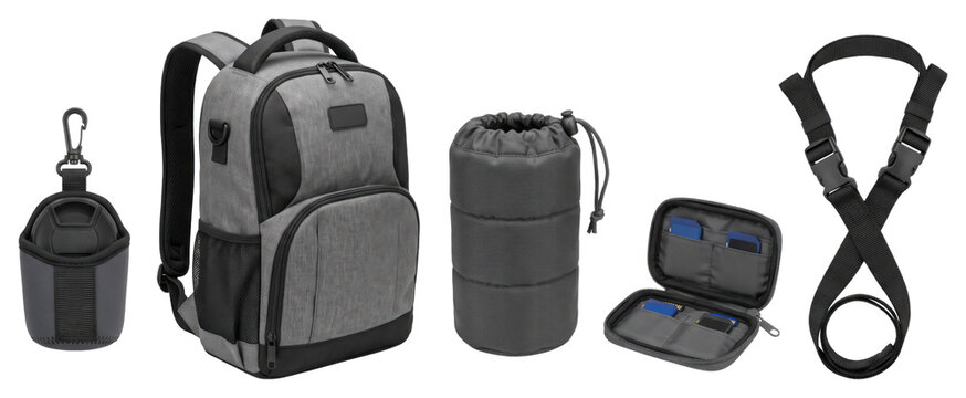 Gray and black bags and carrying accessories on transparent background