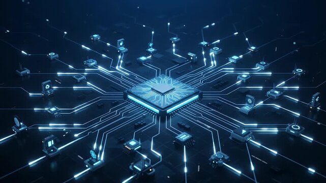 Edge Computing Network Visualization - The video depicts an intricate edge computing network with a central glowing processor.