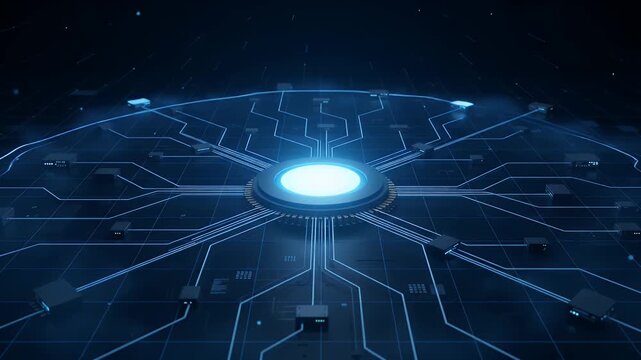 Futuristic Edge Computing Network Visualization - This video depicts a futuristic edge computing network featuring small device nodes arranged around a glowing central processor.