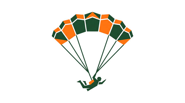 Minimalist vector illustration of a skydiver with an orange and green parachute canopy.