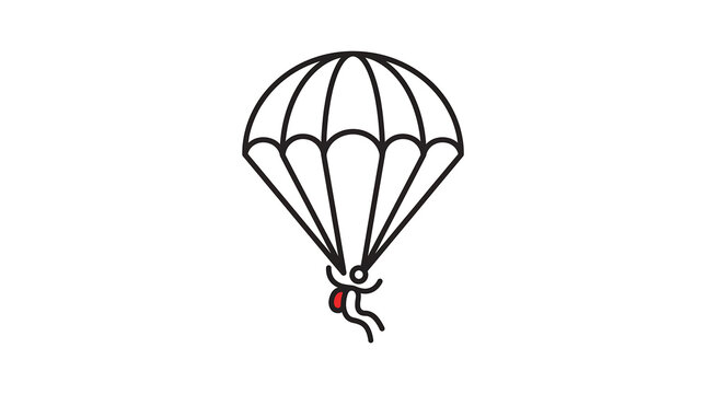 Minimalist line art icon of a person parachuting with a red backpack element.
