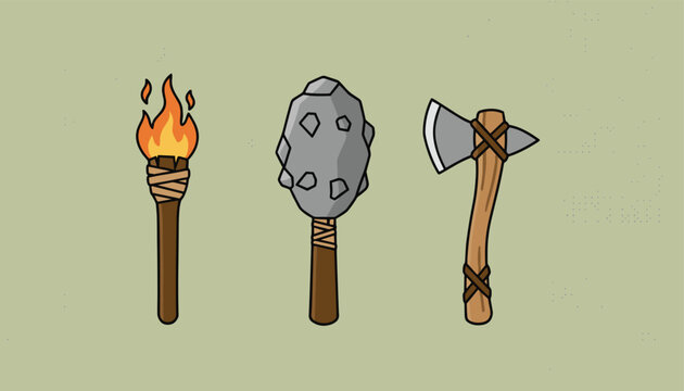 Trio of prehistoric stone age survival tools including a burning wood torch, spiked stone club, and primitive flint hand axe.