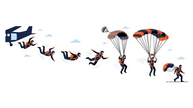 Illustration showing skydiver jumping from airplane and landing safely with an open parachute.