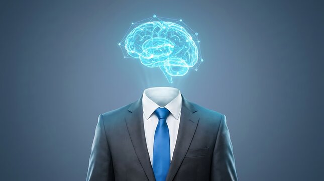 Businessman with glowing digital brain hologram floating above suit