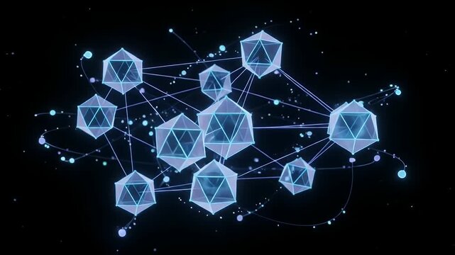 Geometric Qubits Concept in Quantum Computing - This video depicts a visual representation of geometric qubits interconnected by glowing energy lines, set against a dark background.