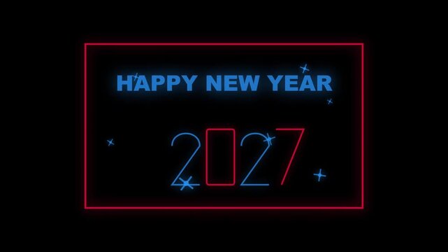 Happy new year 2027 neon sign animation with glowing blue text and red border motion