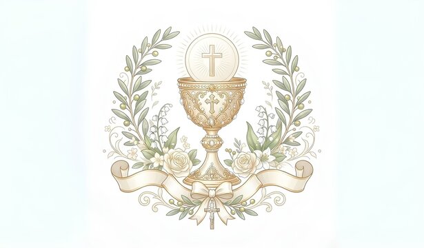 First Holy Communion Vector Illustration with Chalice Eucharist Host Cross and Floral Decorations