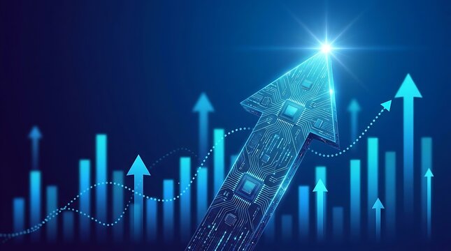 Upward arrow with circuit board pattern and financial growth charts