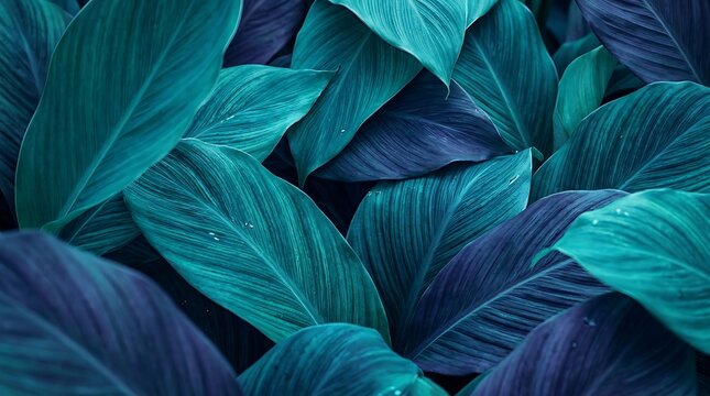 Tropical leaves overlapping in teal and purple tones creating a lush