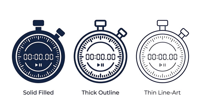 Set of three stopwatch timer icons with digital display isolated on a