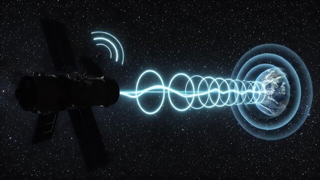 Space Telescope Data Transmission Concept - This video depicts a futuristic space telescope silhouetted against a starry backdrop, transmitting data back to Earth via a glowing, spiraling beam.