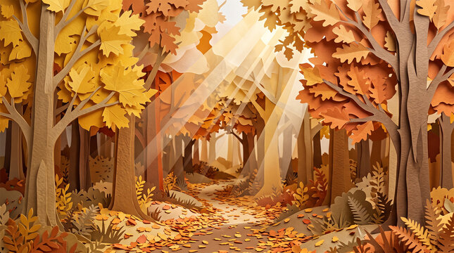 Autumn landscape background in paper cut style with sunlit forest path, ideal for seasonal banners and wallpapers.