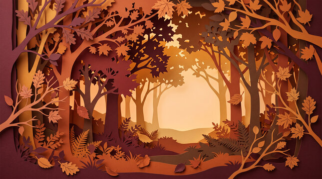 Papercut autumn forest landscape background for seasonal card, banner, and wallpaper design