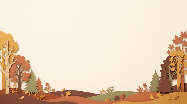 Paper cut style autumn landscape background with fall trees and hills for seasonal banner design and copy space.