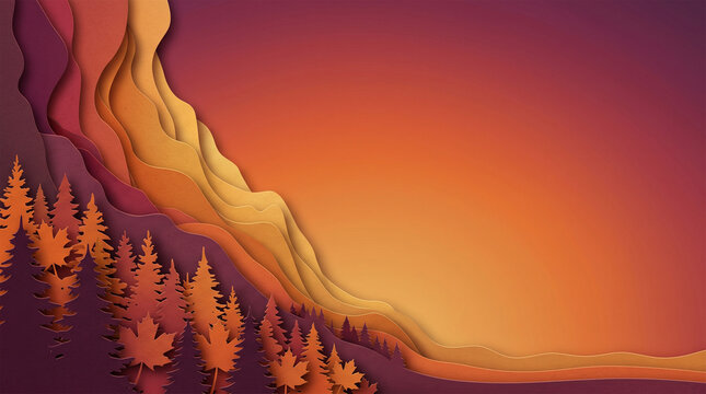 Paper cut autumn background with layered fall forest landscape and copy space for banner design