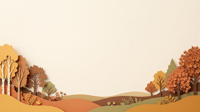 Paper cut style autumn fall landscape background with trees and hills for banner and card design.