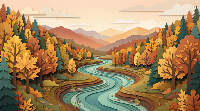 Autumn landscape papercut background with winding river and colorful fall forest for wallpaper and banner design
