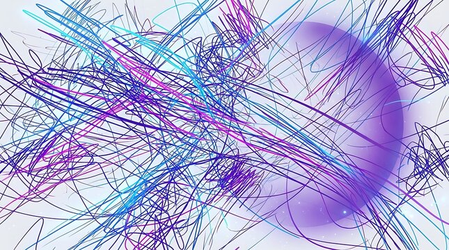 Multicolored abstract lines and purple glowing sphere on white