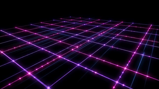 Glowing purple digital grid lines forming a perspective surface on