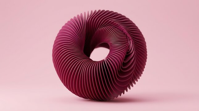 Abstract dark pink paper sculpture with spiral folds on a soft pastel