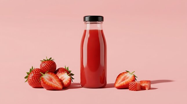 Strawberry juice bottle with fresh berries and sliced fruit on pink