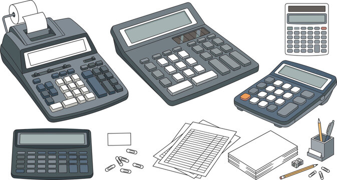 Vector set of electronic calculators, adding machine, accounting documents, and office stationery elements for financial bookkeeping and business budgeting concepts