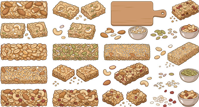 Vector collection of wholesome granola bars, puffed rice treats, oatmeal clusters, wooden cutting board, and mixed nuts ingredients for healthy snack packaging design