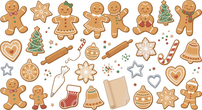 Vector set of Christmas gingerbread cookies, cute gingerbread men, star flakes, candy canes, rolling pins, and baking items for winter holiday celebration menu designs