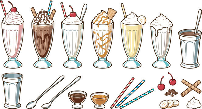 Vector collection of retro diner milkshakes, whipped cream shakes with cherries, caramel sauce, chocolate syrup, spoons, and straws for vintage cafe beverage 
