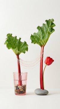 Spring rhubarb stalks and red tulip with delicate string art on white
