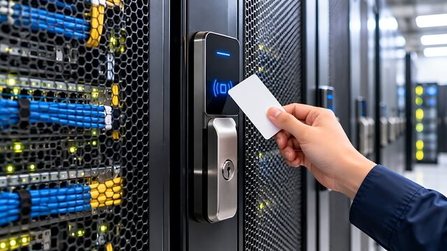 Person Using Contactless Smart Card to Access Secure Server Rack in a Modern Data Center Facility