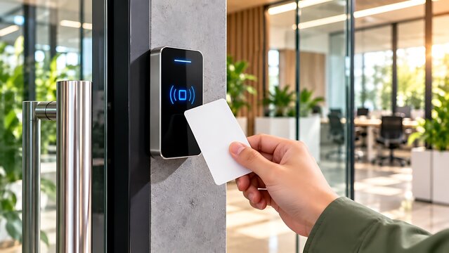Close-up of person using blank white access card on a modern RFID reader at a corporate office entry