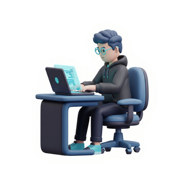 A sticker of a software developer working on a laptop