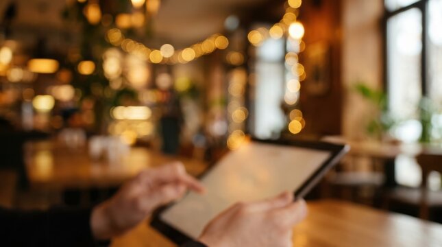 Person holding a digital tablet in a cozy cafe setting