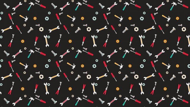 Seamlessly looping 10-second 2D flat vector animated pattern featuring workshop hardware tools including screwdrivers, pliers, wrenches, hammers, bolts, and hex nuts drifting diagonally with smooth me