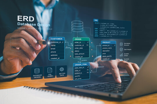 Entity relationship diagram and SQL database design concept with a professional using a laptop, showing customer, order, product, and order item tables, primary keys, foreign keys, and relationships.