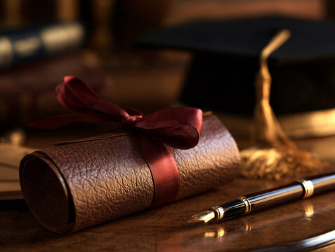 Leather diploma scroll with crimson ribbon, mortarboard and pen on polished desk. Warm light highlights texture and shallow focus. Right negative space for text. Sharp image for graduation marketing.