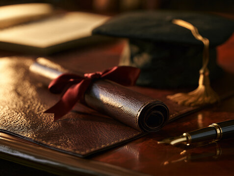 Leather diploma scroll with crimson ribbon, mortarboard and pen on polished desk. Warm light highlights texture and shallow focus. Right negative space for text. Sharp image for graduation marketing.