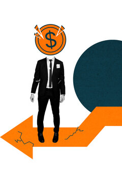 Vertical photo collage of businessman instead head dollar coin crack arrow down failure recession bankrupt isolated on painted background