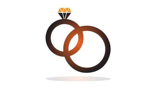 wo interlocking rings featuring a dark brown and orange gradient, with the top ring displaying a geometric diamond shape, symbolizing engagement, marriage, or partnership