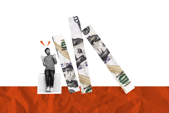 Composite trend artwork sketch collage of&nbsp;monochrome silhouette young man scared sit crisis devaluation loss money banknote budget fall