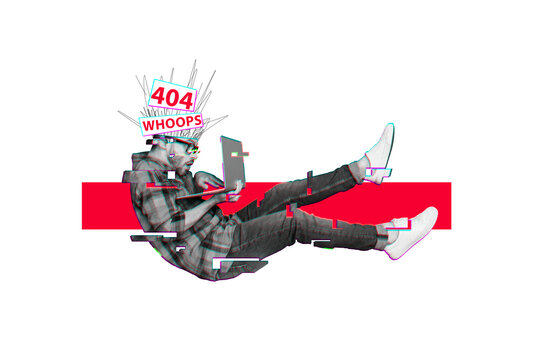 Composite photo collage of astonished man cut head broke laptop 404 device warning alert sign cyberattack isolated on painted background